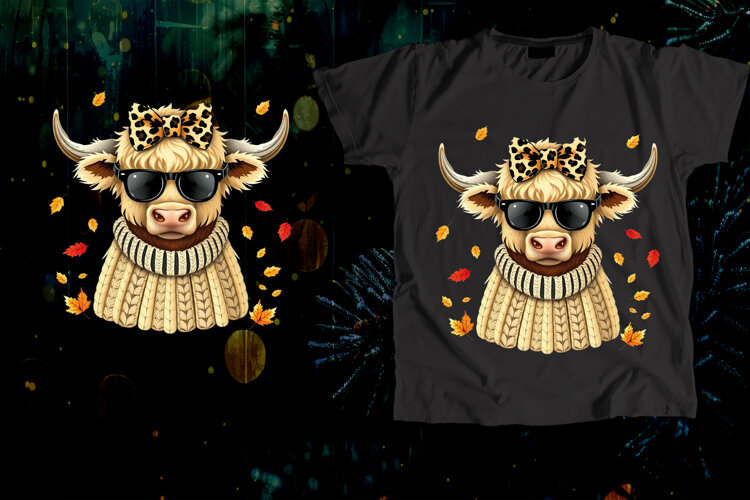 Highland Cow Sunglasses Leopard Bow Fall Art example image 1