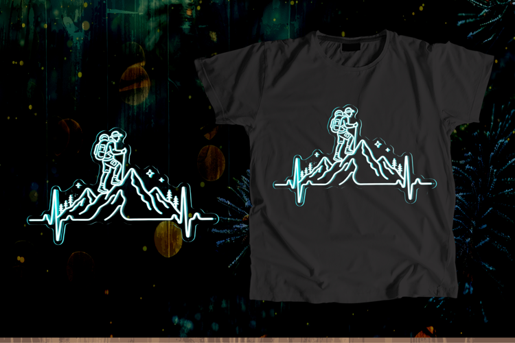 Glowing Neon Hiker Mountain EKG Vector Art