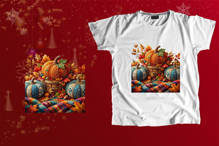 Quilted Basket Pumpkins Fall Sublimation Art example image 1