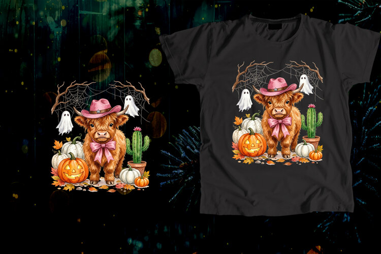 Baby Highland Cow Pink Cowboy Hat Halloween Art example image 1