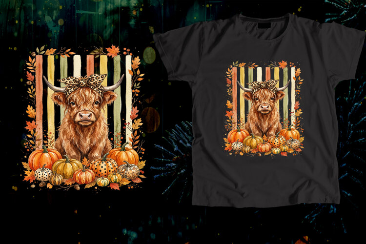 Leopard Bow Highland Cow Fall Striped Pumpkin Art example image 1