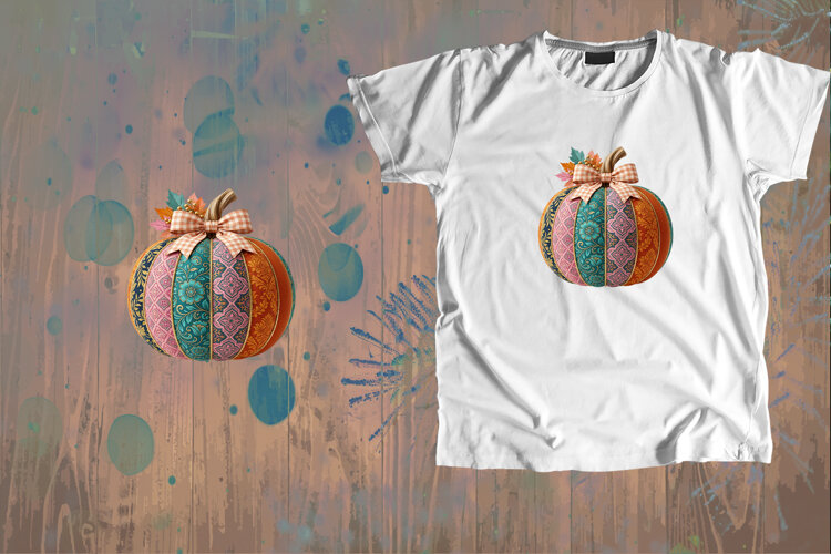 Patchwork Damask Pumpkin Fall Sublimation Art example image 1