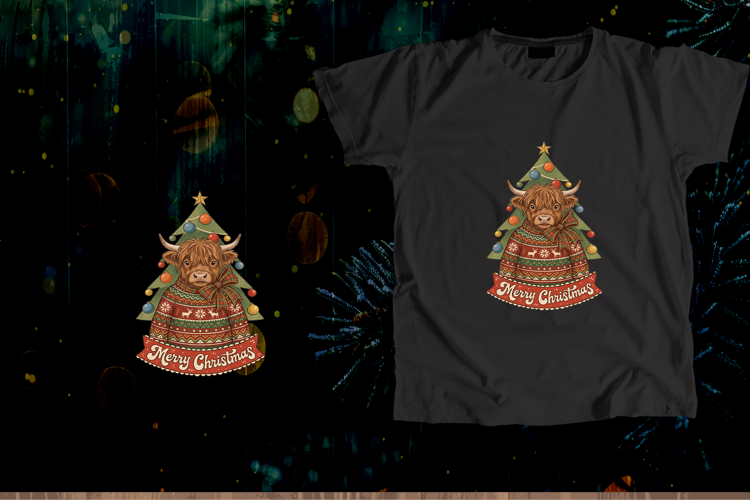 Retro Highland Cow Christmas Sweater Art