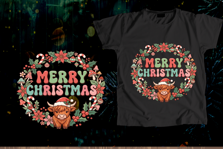 Retro Merry Christmas Highland Cow Wreath PNG Design
