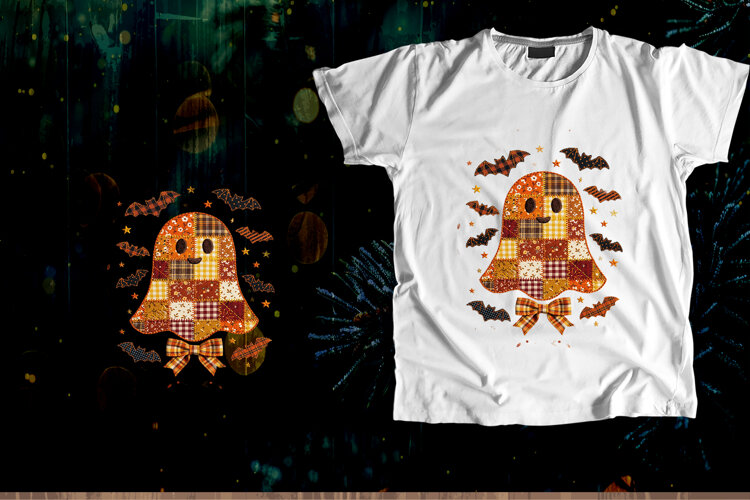 Patchwork Ghost Halloween Applique Vector Art example image 1