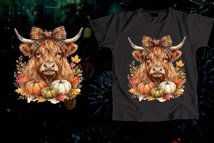Highland Cow Plaid Bow Pumpkin Fall Art example image 1