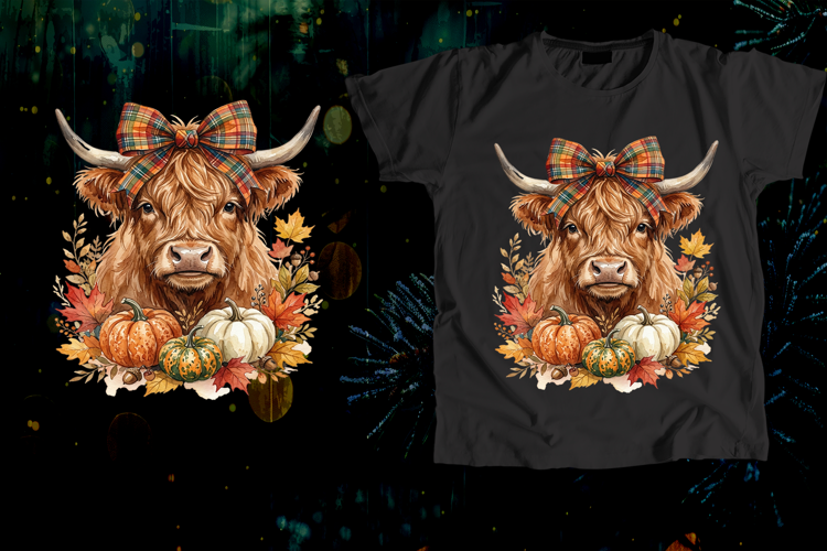 Highland Cow Plaid Bow Pumpkin Fall Art