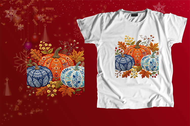 Embroidered Autumn Pumpkins Floral Fall PNG