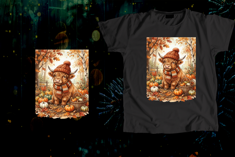 Highland Cow Autumn Pumpkin Beanie Scarf Art