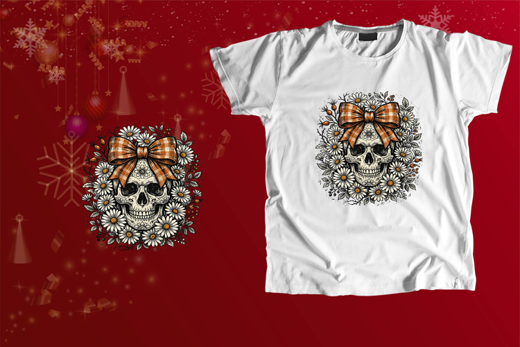 Vintage Skull Orange Plaid Bow Daisy PNG
