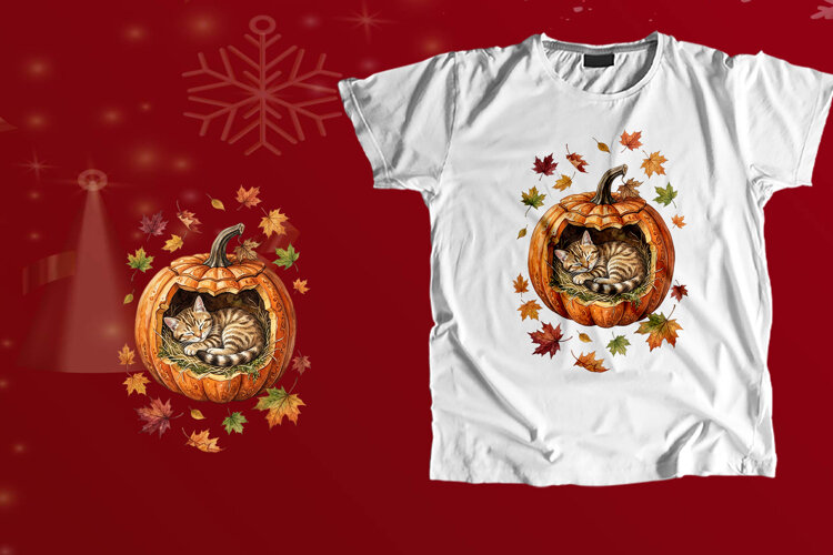 Watercolor Sleeping Cat in Pumpkin Fall PNG example image 1