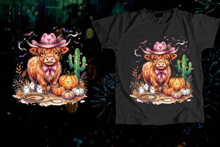 Highland Cow Pink Cowboy Hat Halloween Art example image 1