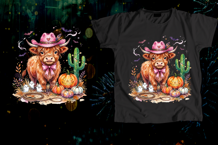 Highland Cow Pink Cowboy Hat Halloween Art