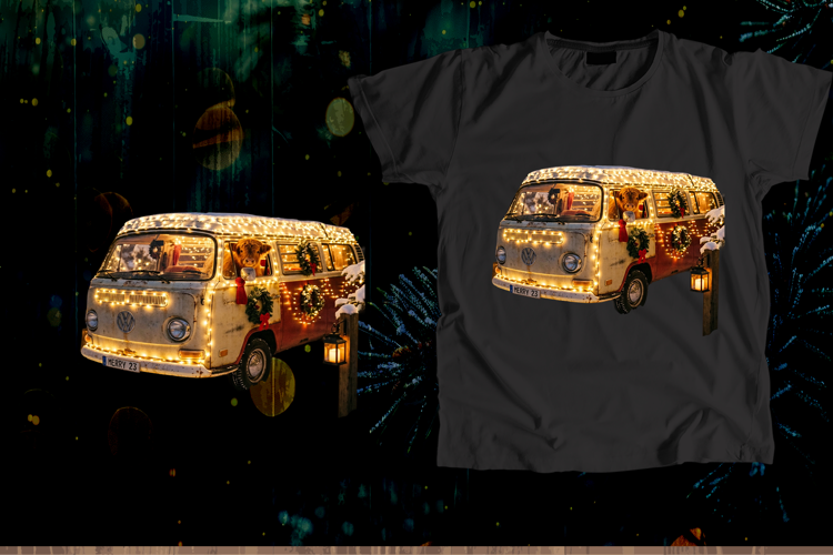 Vintage Camper Van Highland Cow Christmas PNG