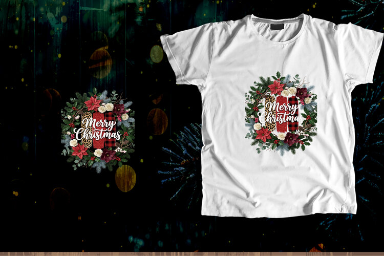 Merry Christmas Floral Wreath Sublimation example image 1