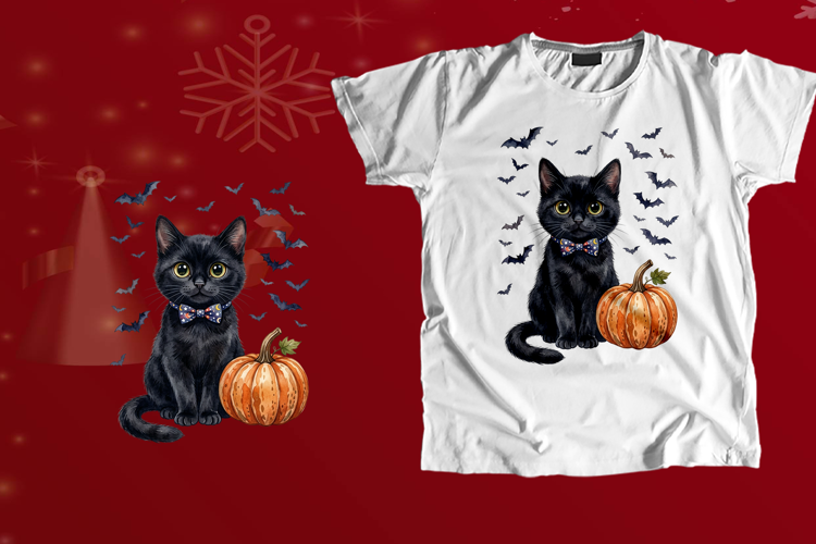 Watercolor Black Cat Celestial Bow Pumpkin PNG