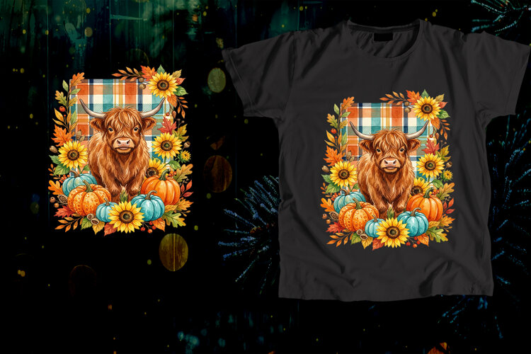 Highland Cow Sunflowers Plaid Pumpkin Fall Art example image 1