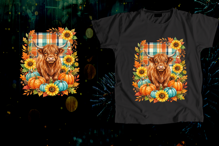 Highland Cow Sunflowers Plaid Pumpkin Fall Art