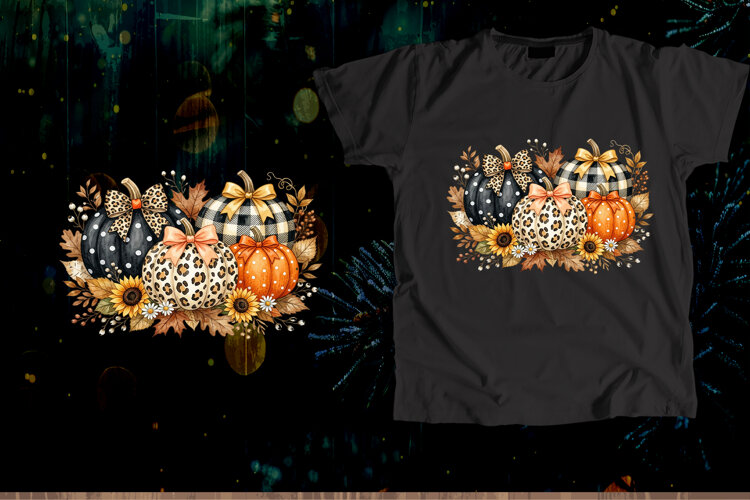 Leopard Buffalo Plaid Pumpkin Autumn Watercolor Art example image 1