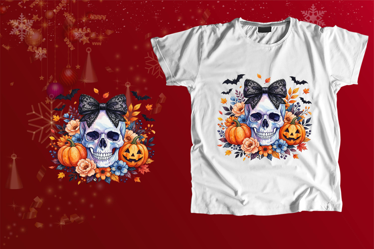 Watercolor Skull Black Lace Bow Halloween PNG