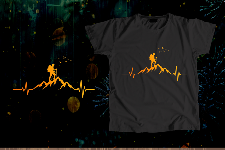 Orange Hiker Mountain EKG Heartbeat Vector Art