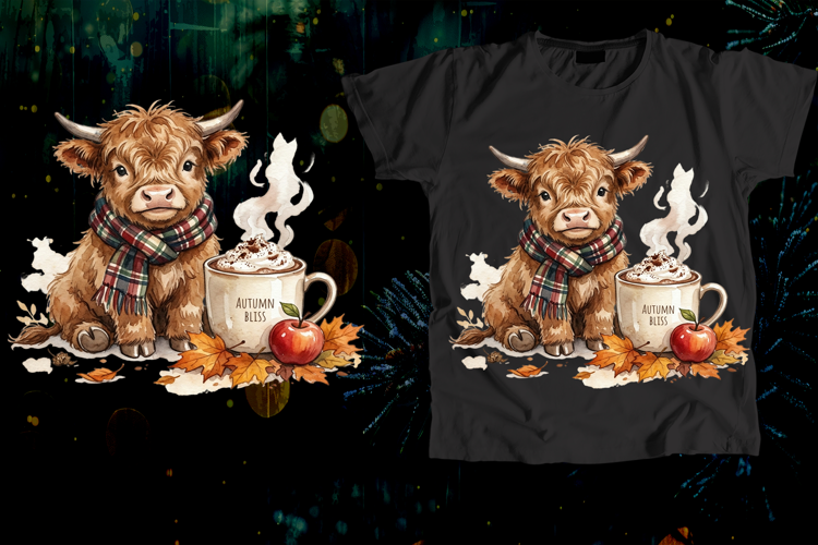 Baby Highland Cow Autumn Bliss Hot Cocoa Art