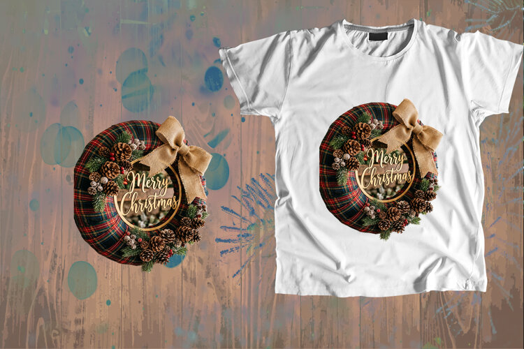 Plaid Burlap Bow Merry Christmas Pinecone Wreath PNG example image 1