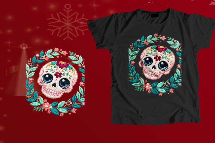 Embroidered Sugar Skull Floral Wreath PNG