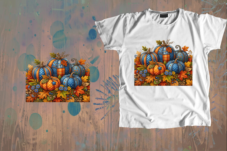 Patchwork Blue & Orange Pumpkins Fall Sublimation example image 1