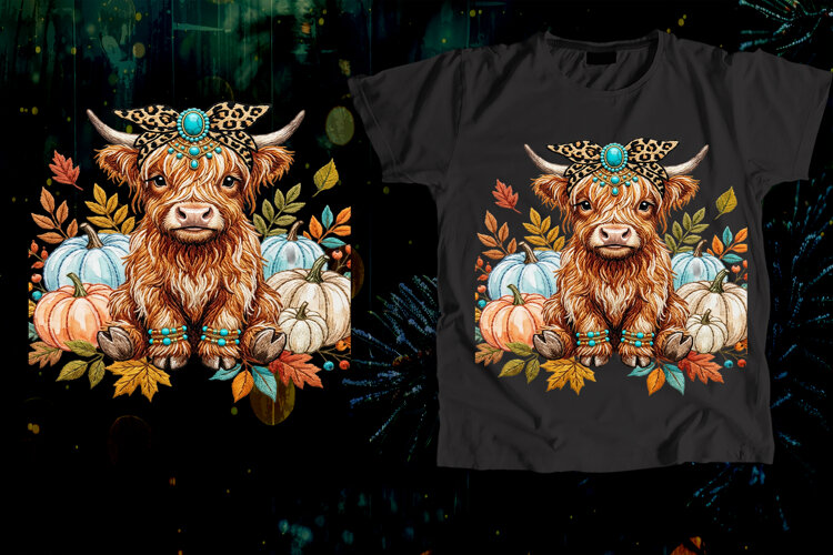 Highland Cow Fall Pumpkins Turquoise Art example image 1