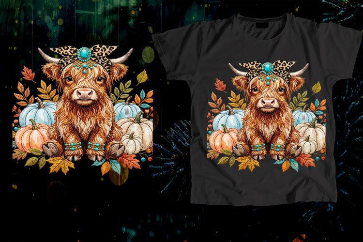 Highland Cow Fall Pumpkins Turquoise Art
