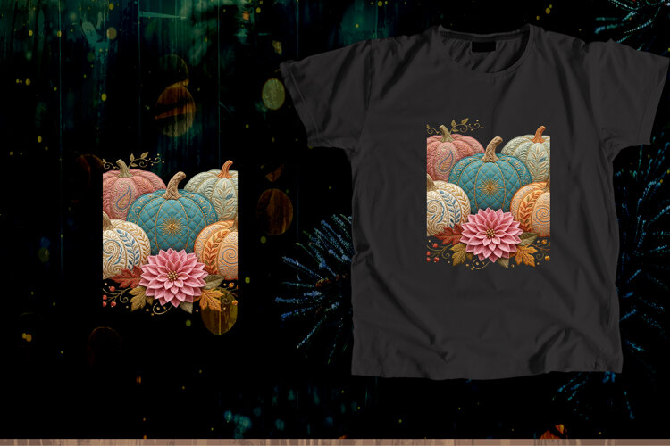 Embroidered Autumn Pumpkins Floral Sublimation Art example image 1