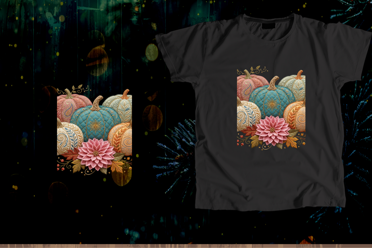Embroidered Autumn Pumpkins Floral Sublimation Art
