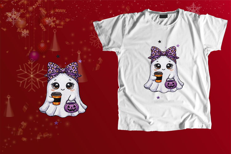 Embroidered Ghost Purple Leopard Bow Coffee PNG