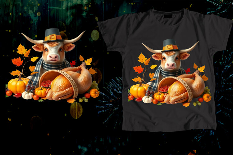 Thanksgiving Pilgrim Cow Hornucopia Autumn Art example image 1