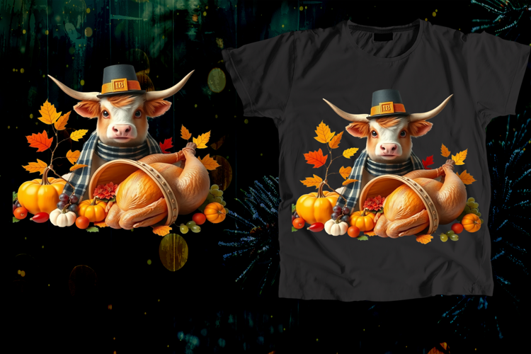 Thanksgiving Pilgrim Cow Hornucopia Autumn Art
