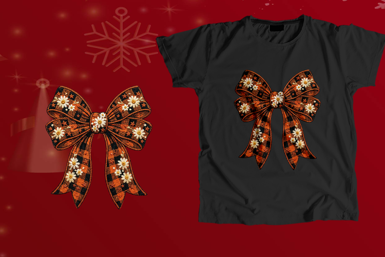 Embroidered Orange Plaid Bow Daisy Fall PNG