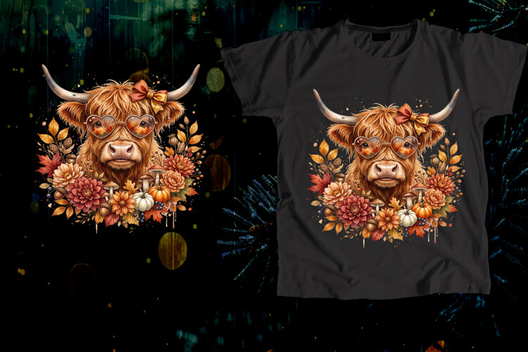 Highland Cow Heart Glasses Fall Floral Art example image 1