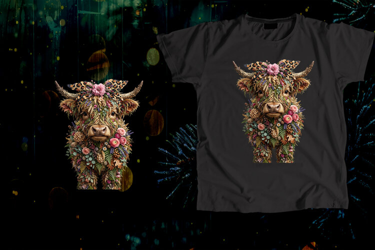 Floral Highland Cow Leopard Print Bow Autumn Art example image 1
