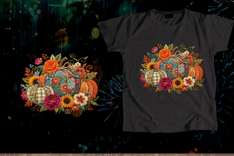 Embroidered Autumn Pumpkin Floral Vector Art example image 1