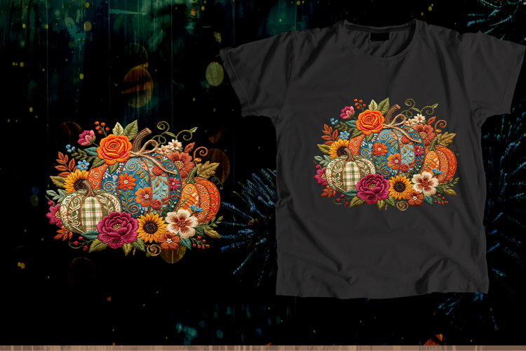 Embroidered Autumn Pumpkin Floral Vector Art