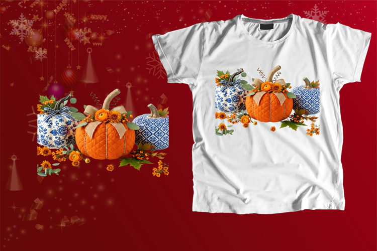 Blue White Chinoiserie Pumpkin Quilted Fall PNG