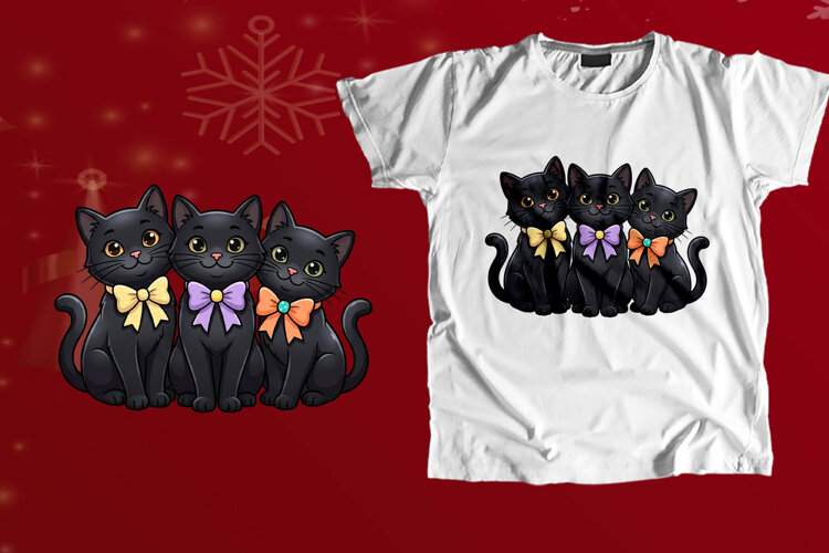 Three Black Cats Bowties Halloween Coquette PNG example image 1