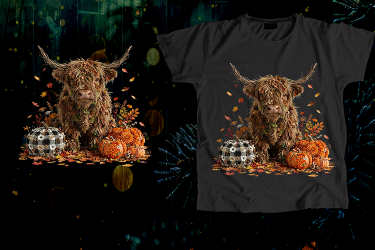 Leafy Highland Cow Autumn Pumpkins Art