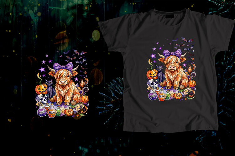 Stained Glass Highland Cow Halloween Spooky Art example image 1