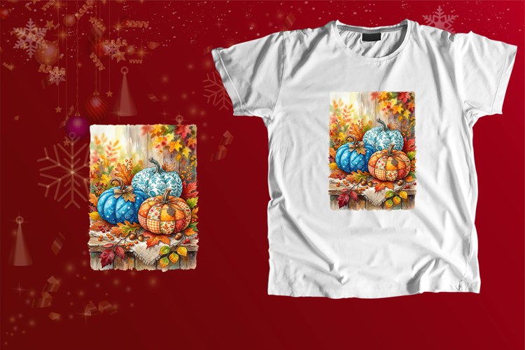 Watercolor Autumn Pumpkin Patchwork Fall PNG