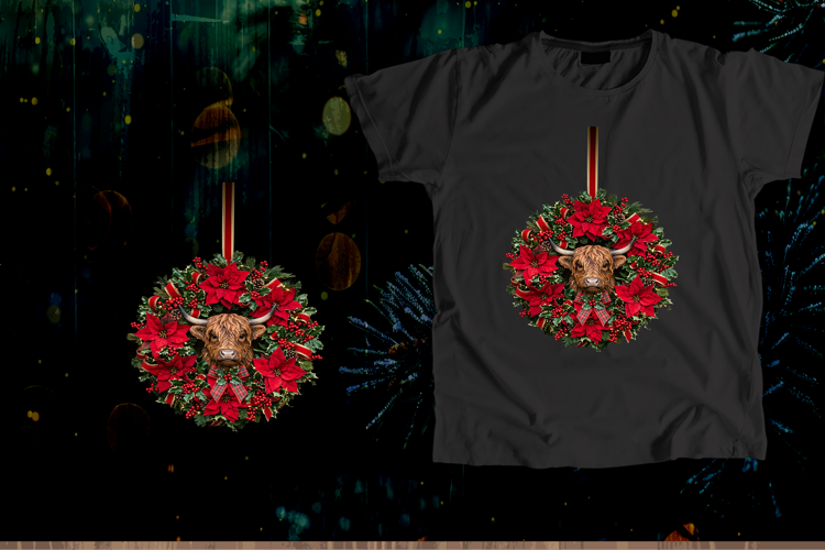 Highland Cow Christmas Wreath PNG