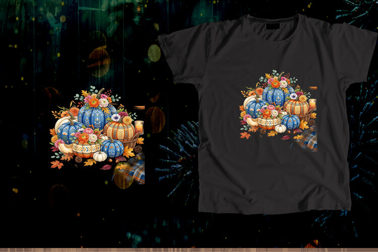 Blue and Orange Floral Pumpkin Autumn Arrangement Art example image 1