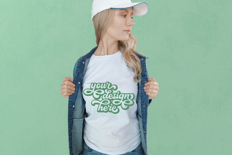 White t-shirt woman model mockup on green background