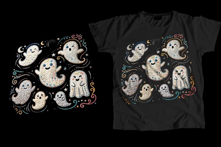 Cute Embroidered Ghost T-Shirt PNG 300 DPI example image 1